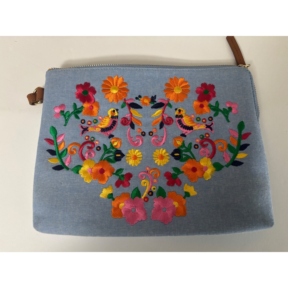 Talbots Blue Chambray Embroidered Floral Bird Wristlet Clutch Bag Zip